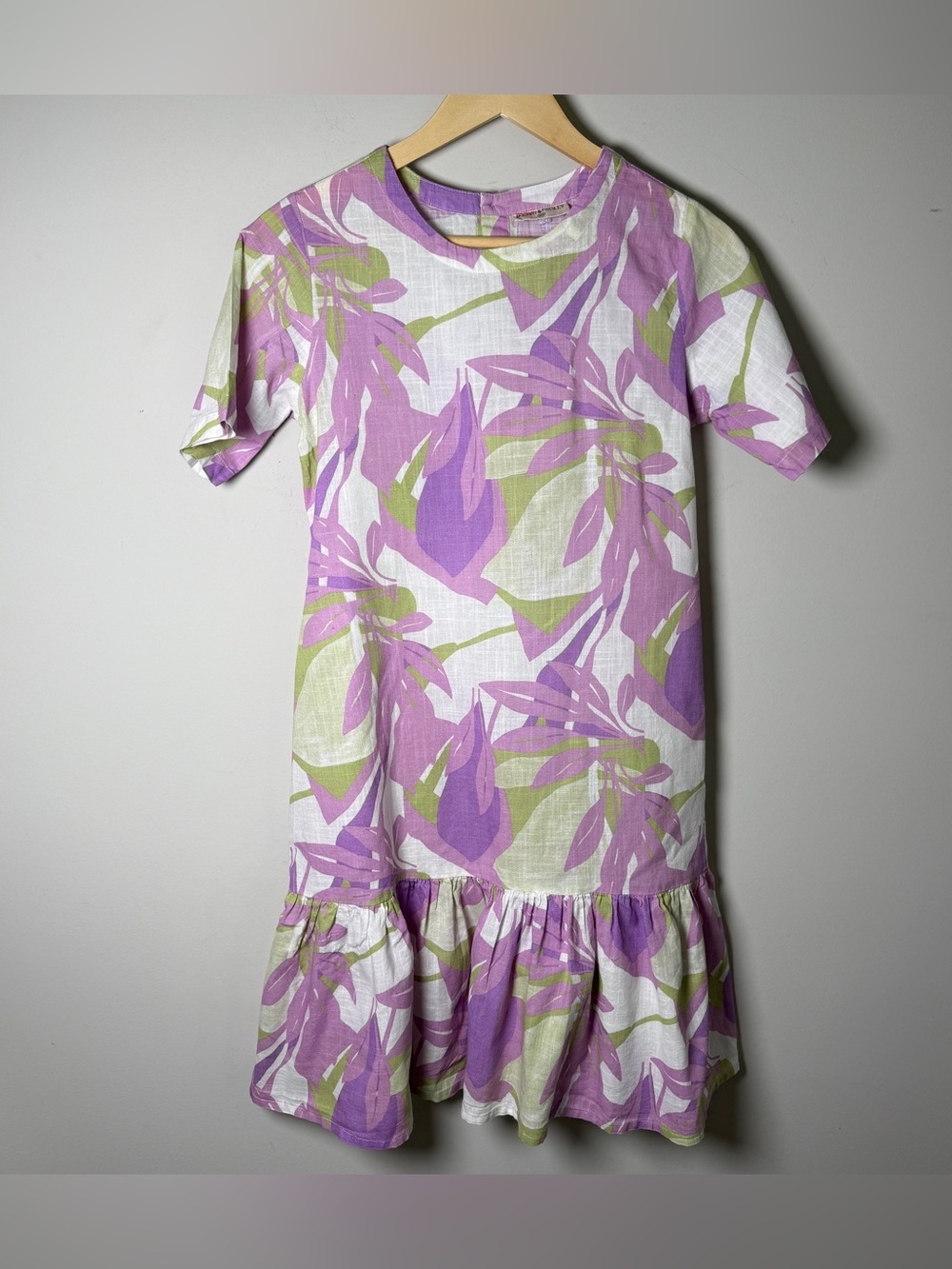 Bombay & Paisley Tropical Leaf Drop Waist Dress Lavender Cottagecore Vacation XS
